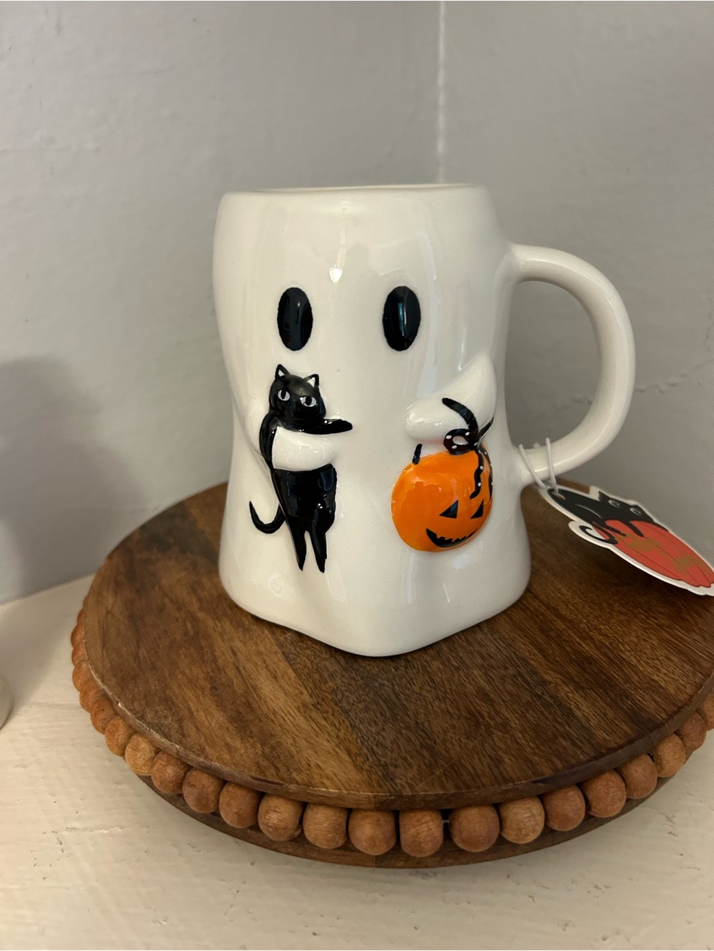 Halloween Ghost Ceramic Mug with Black Cat and Orange Pumpkin